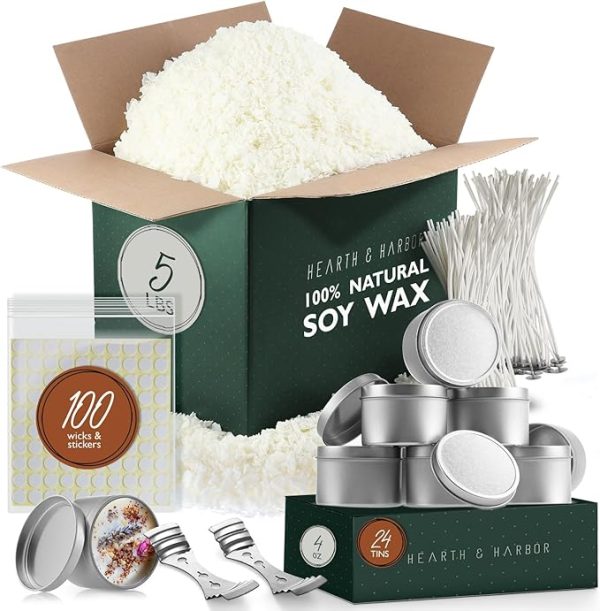 Hearth & Harbor Natural Soy Wax and DIY Candle Making Supplies - 5 Lbs. Soy Candle Wax Flakes, Candle Tin Cans with Lid 24 Pack - 4 oz., 100 Cotton Wicks, and 2 Metal Centering Device