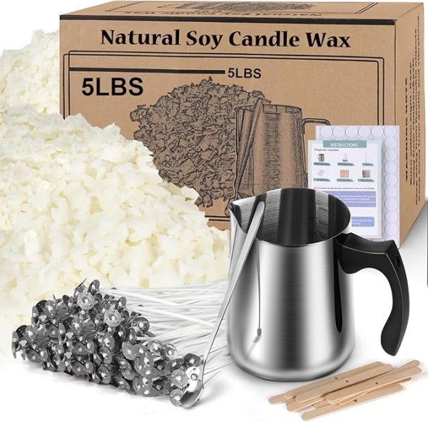 Soy Wax Candle Making Kit Supplies, Natural Candle Wax For Candle Making, DIY Art&Crafts Kit for Adults,Beginner,Kids, Including 5lbs Soy Wax Flakes, 100 Candle Wick, 10 Centering Devices, Melting Pot